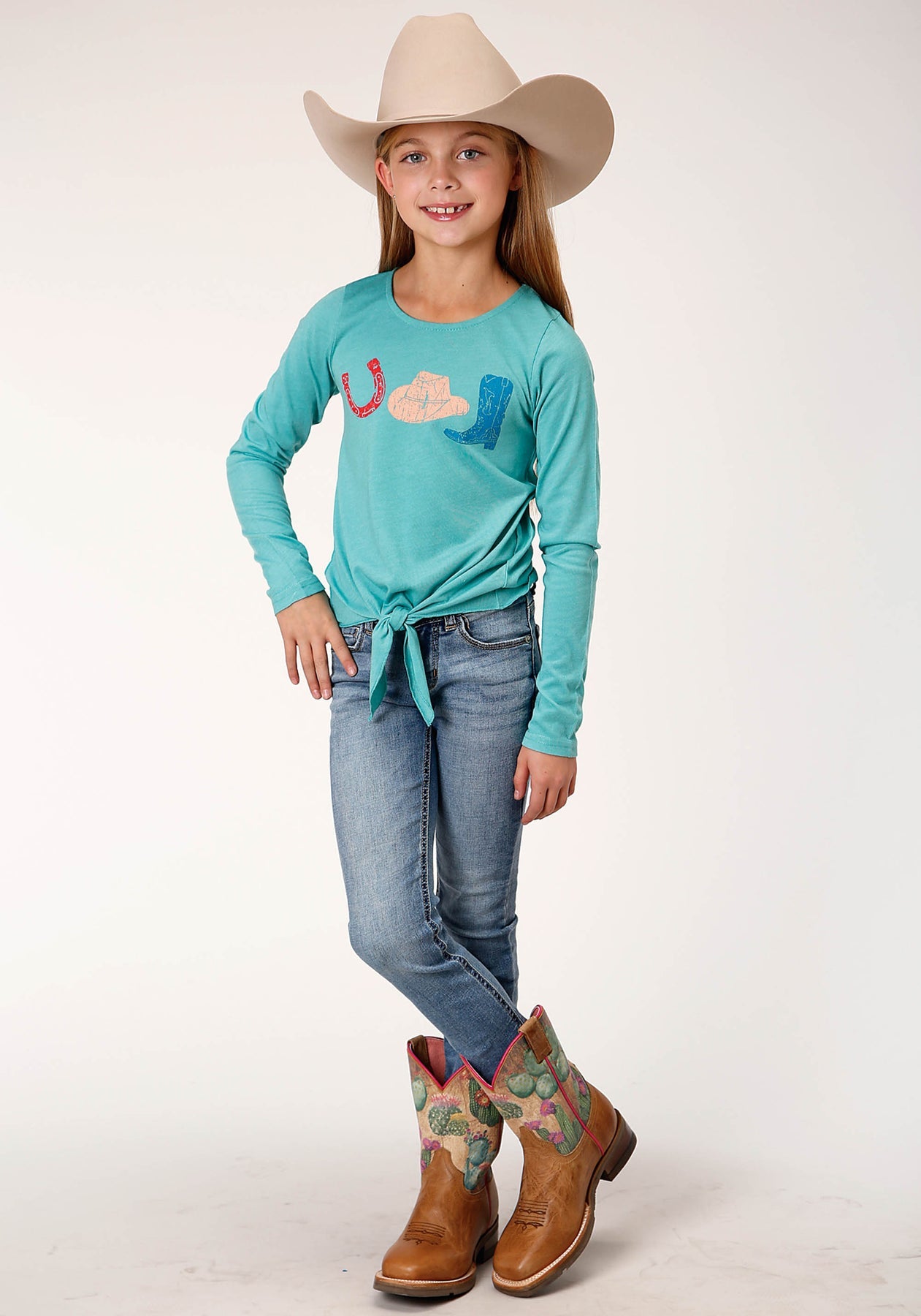 Roper Girls Turquoise Horseshoes and Boots Long Sleeve T-Shirt