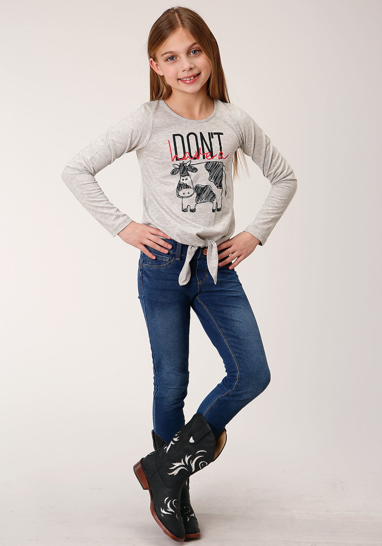 Roper Girls Grey Self Tie Long Sleeve T-Shirt