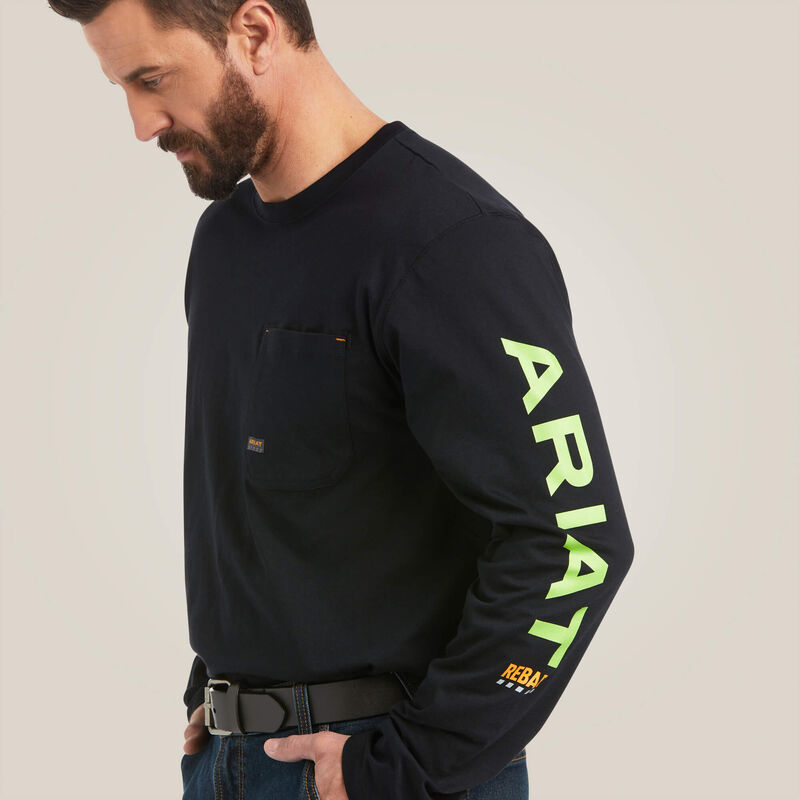 Ariat Mens Rebar Workman Logo L/S Tee (Black/Lime) - CLEARANCE