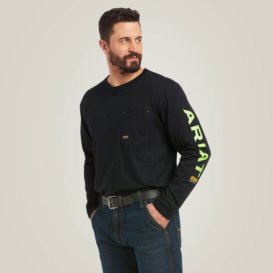 Ariat Mens Rebar Workman Logo L/S Tee (Black/Lime) - CLEARANCE