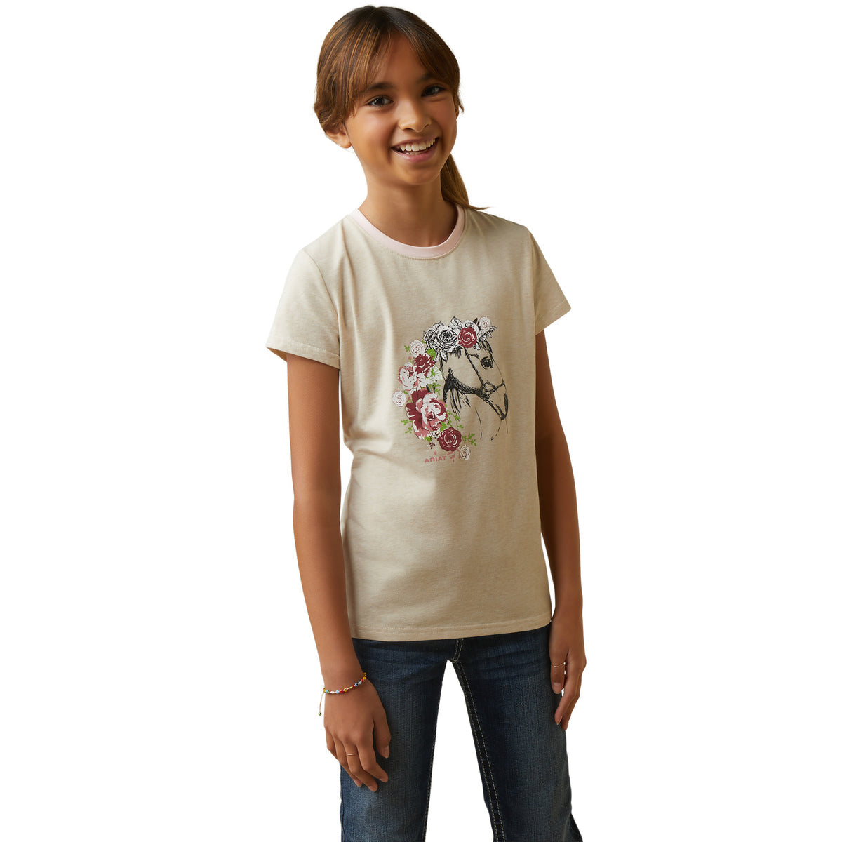 Ariat Girls Flora Short Sleeve T-Shirt (Oatmeal Heather)