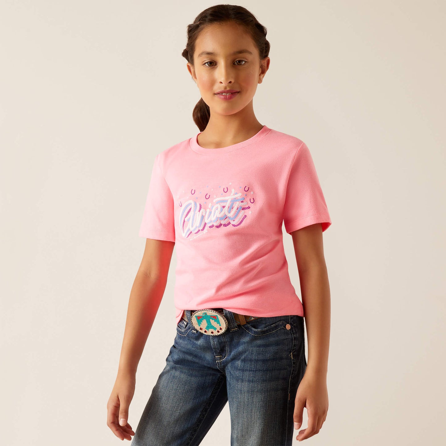 Ariat Girls Rainbow Script S/S T-Shirt (Neon Pink Heather)