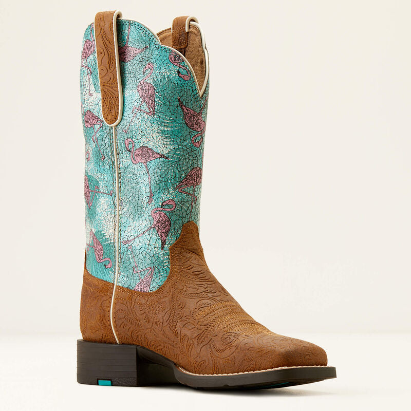 Ariat Women's Round Up Wide Square Toe Western Boot (Chestnut / Flock O Flamingos)