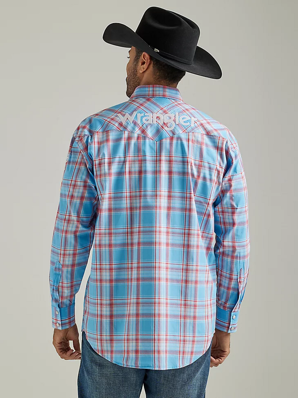 WRANGLER MEN'S LOGO PLAID PRINT LONG SLEEVE WESTERN SNAP SHIRT