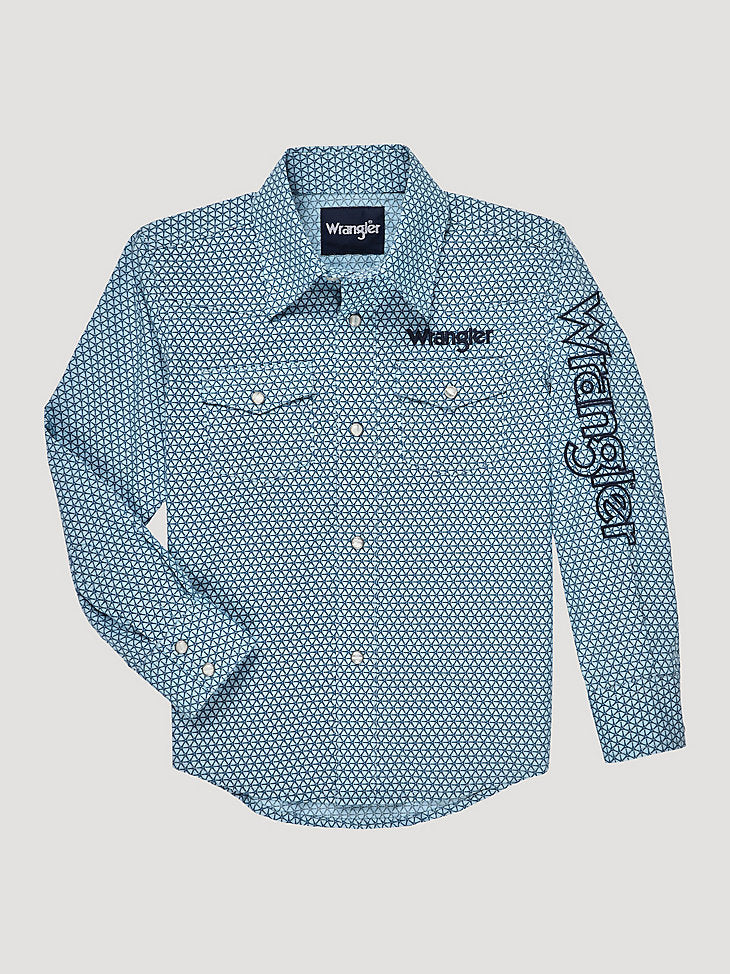 WRANGLER BOY'S LOGO LONG SLEEVE WESTERN SNAP SHIRT IN DUSTY AQUA