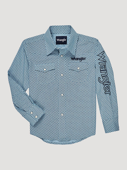 WRANGLER BOY'S LOGO LONG SLEEVE WESTERN SNAP SHIRT IN DUSTY AQUA