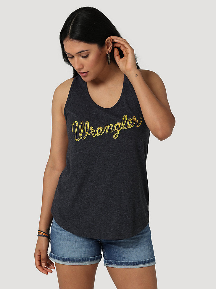 WOMEN'S WRANGLER RETRO ROPE LOGO RACERBACK TANK IN CAVIAR HEATHER