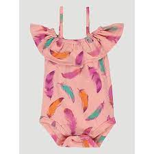 Wrangler Infant Girl Peach Feather Print Ruffle Onsie