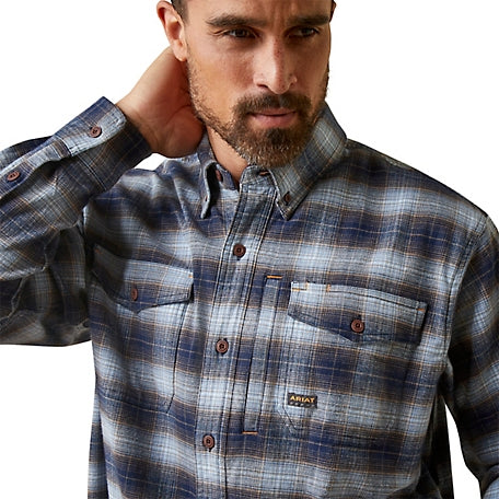 Ariat Men's Rebar Flannel DuraStretch BLUE KHAKI PLAID Work Shirt