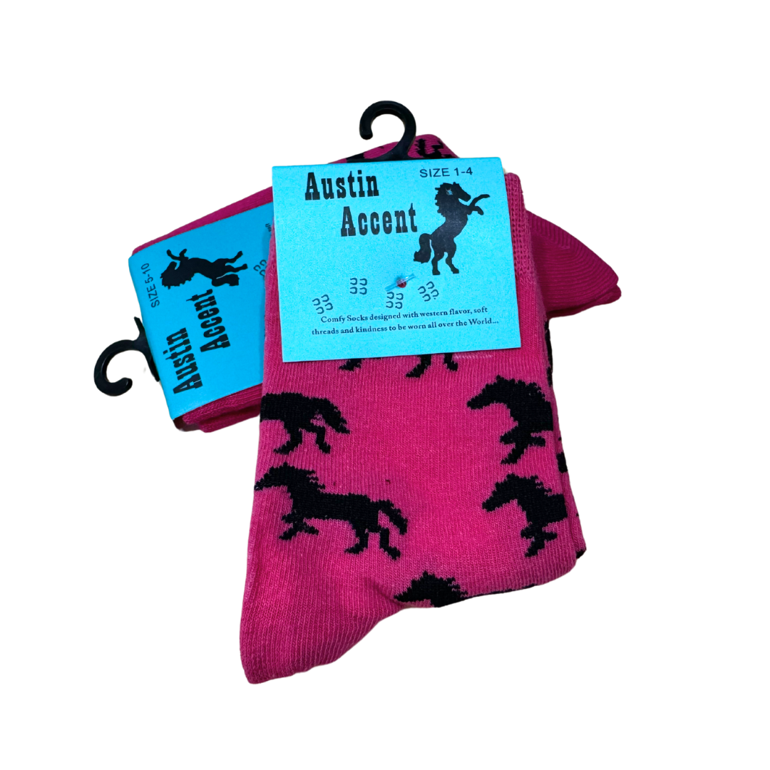 Austin Accent Kids Socks Hot Pink with Black Horses