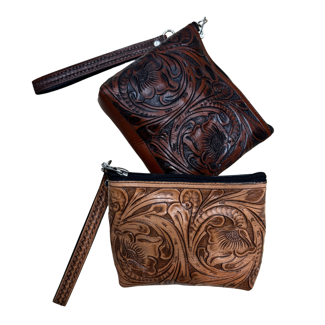 Austin Accent Leather Purse Wristlet Style Tooled with Zip