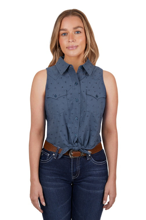 PURE WESTERN WOMENS  LOLA SLEEVELESS SHIRT (BLUE)