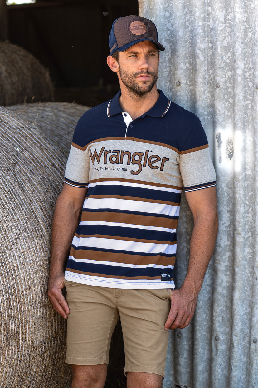 WRANGLER MENS NASH S/S POLO (NAVY/TAN)