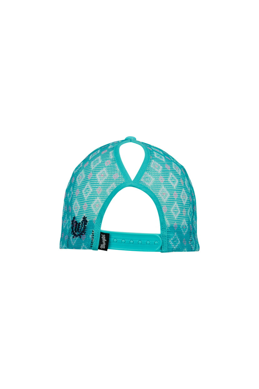 WRANGLER WOMENS MISHA HP PONYTAIL TRUCKER CAP (AQUA/NAVY)