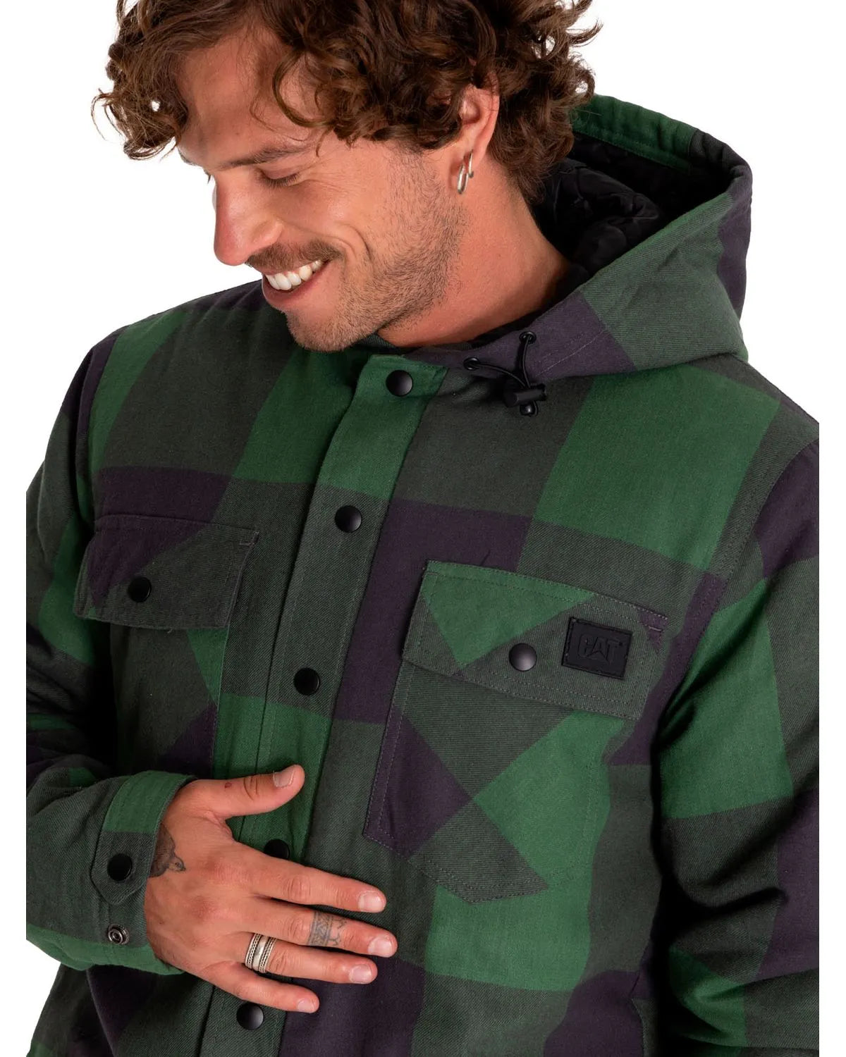 CAT MEN'S FLANNEL SNAP FRONT LIGHTWEIGHT INSULATED HOODED JACKET