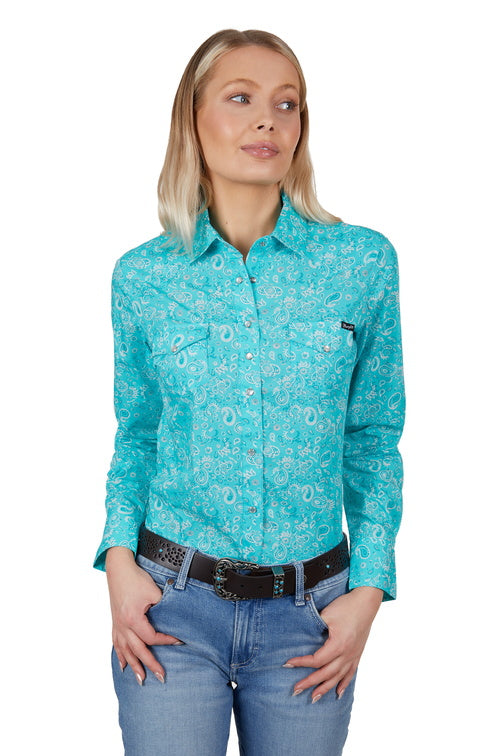 WRANGLER WOMENS GABBY LONG SLEEVE SHIRT (AQUA)