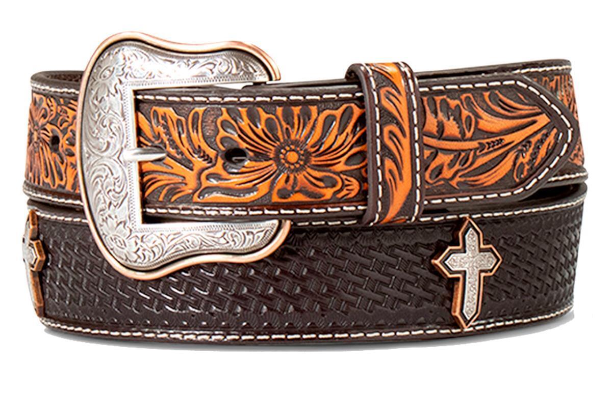 Ariat Men's Leather Basketweave Floral Cross Belt - Conchos Brown