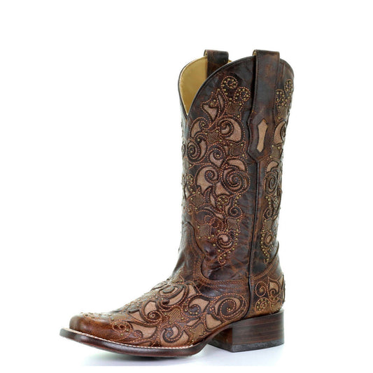 CORRAL BOOTS LADIES BROWN INLAY & STUDS & EMBROIDERY SQ.TOE