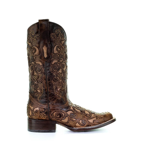 CORRAL BOOTS LADIES BROWN INLAY & STUDS & EMBROIDERY SQ.TOE