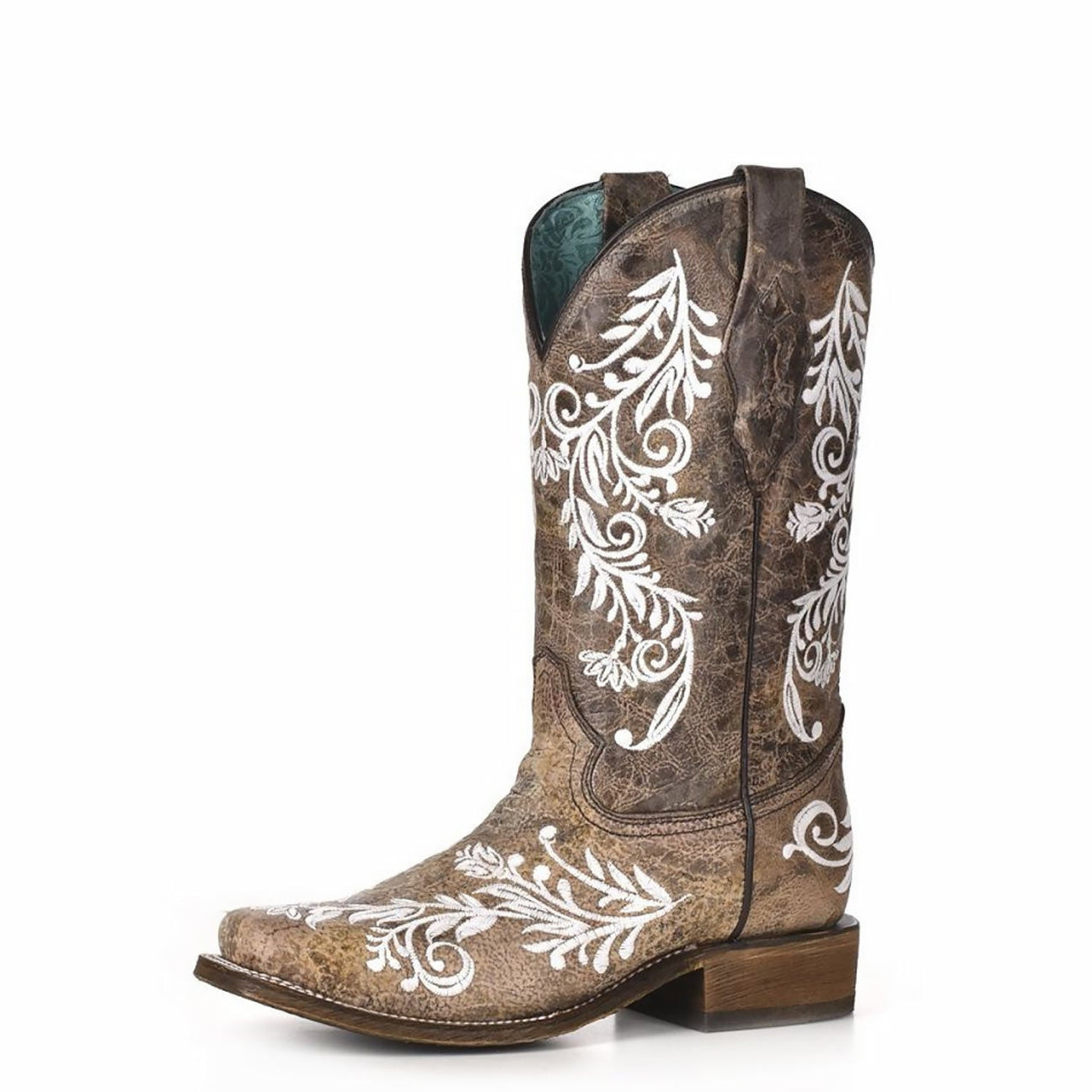 CORRAL BOOT WHITE EMBROIDERY GLOW COLLECTION SQ.TOE CRACKLE TOE