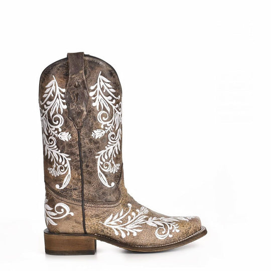 CORRAL BOOT WHITE EMBROIDERY GLOW COLLECTION SQ.TOE CRACKLE TOE