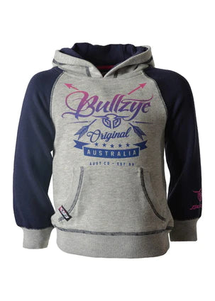 Bullzye Girls Cross Arrow Pull Over Hoodie (Grey Marle/Navy)