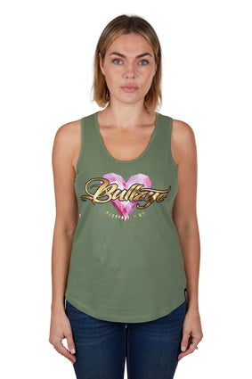 BULLZYE WOMENS HEART SINGLET (MOSS) - CLEARANCE