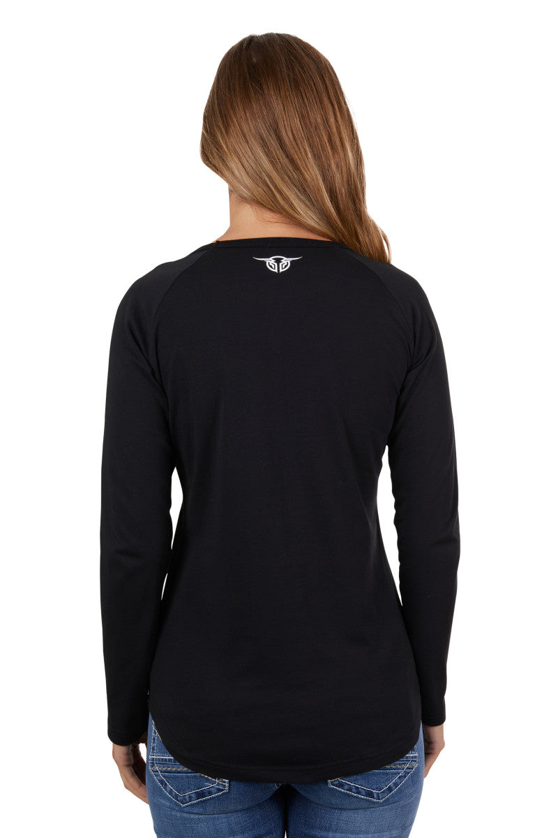 BULLZYE WOMENS LOGAN LONG SLEEVE RAGLAN TEE - BLACK