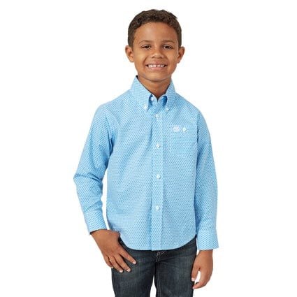 Wrangler Boys Classic 1-Plk Printed Shirt - Blue/White Pattern