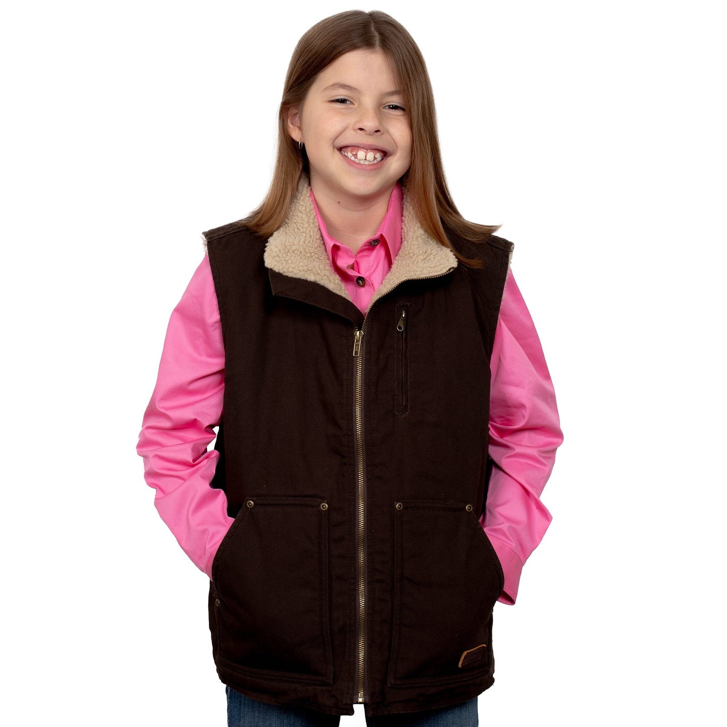 Just Country Kid's Junior Diamantina Sherpa Vest_Chocolate