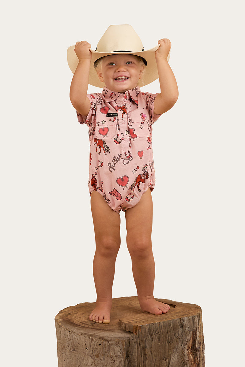 Ringers Western Mini Cowgirl Babies Short Sleeve Work Shirt Romper - Dusty Pink