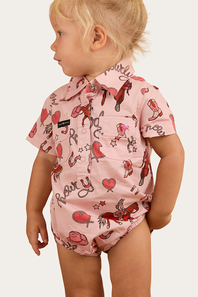 Ringers Western Mini Cowgirl Babies Short Sleeve Work Shirt Romper - Dusty Pink