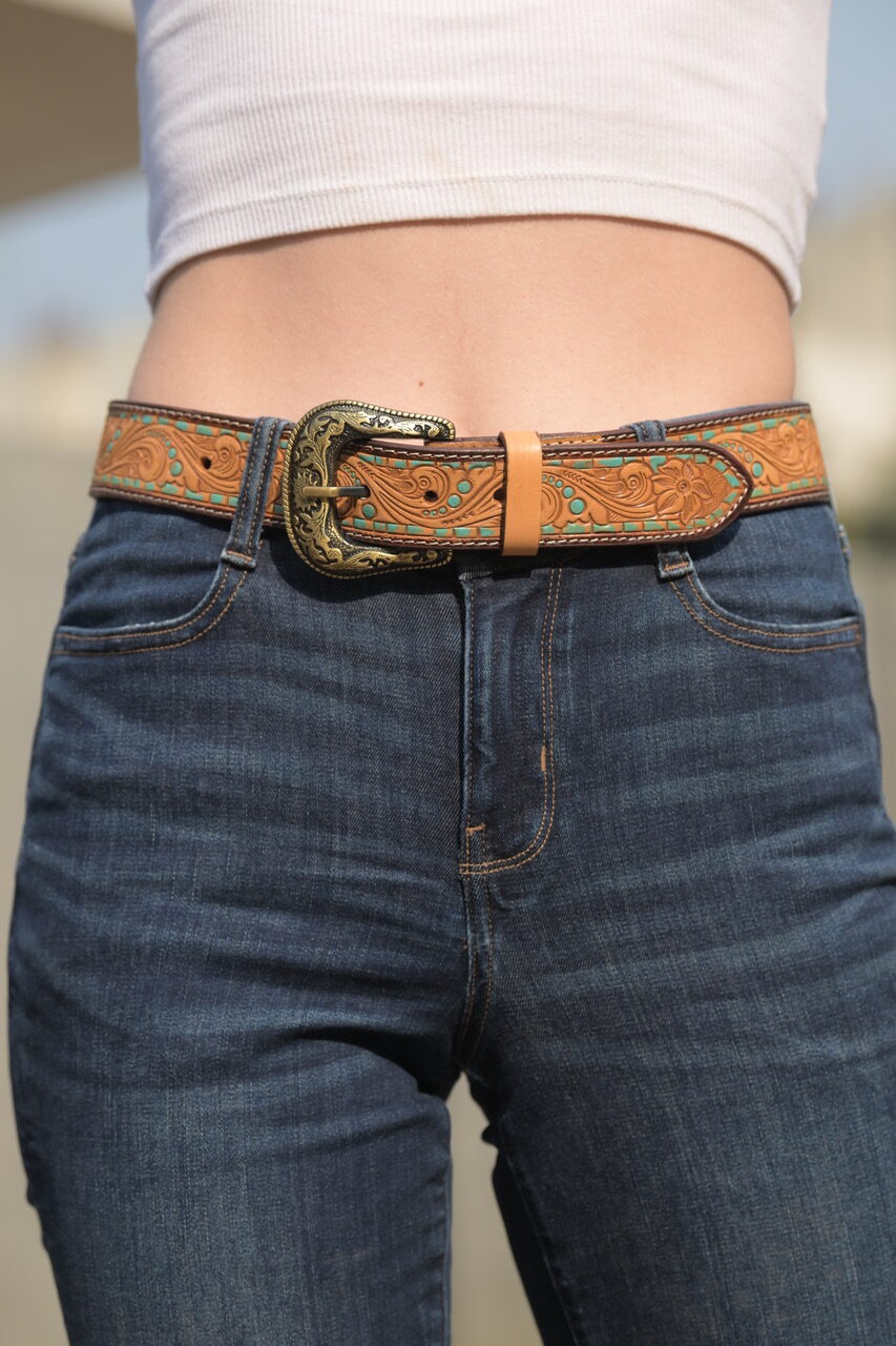 The Design Edge Tooled Leather Belt with Removable Buckle (Belt08)