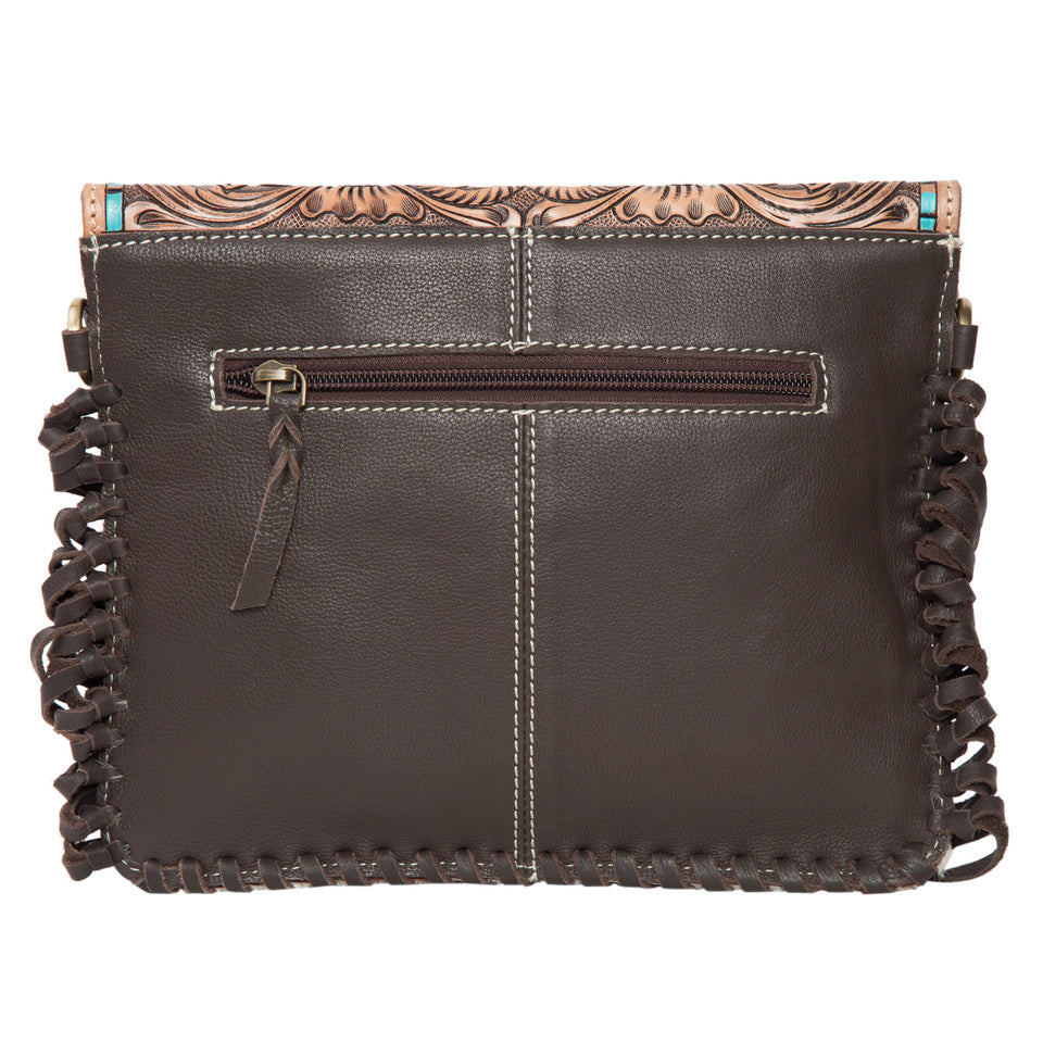 The Design Edge Tooled Leather Cowhide Flap Bag with Horse Motif - Calbuco (AB18)