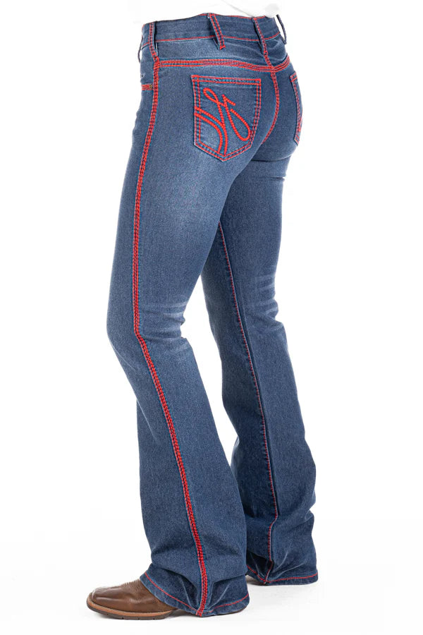 Hitchley & Harrow Women's Comfort Cut High Rise - "Hot Springs" Red Stitch Jeans 35Leg SR2160