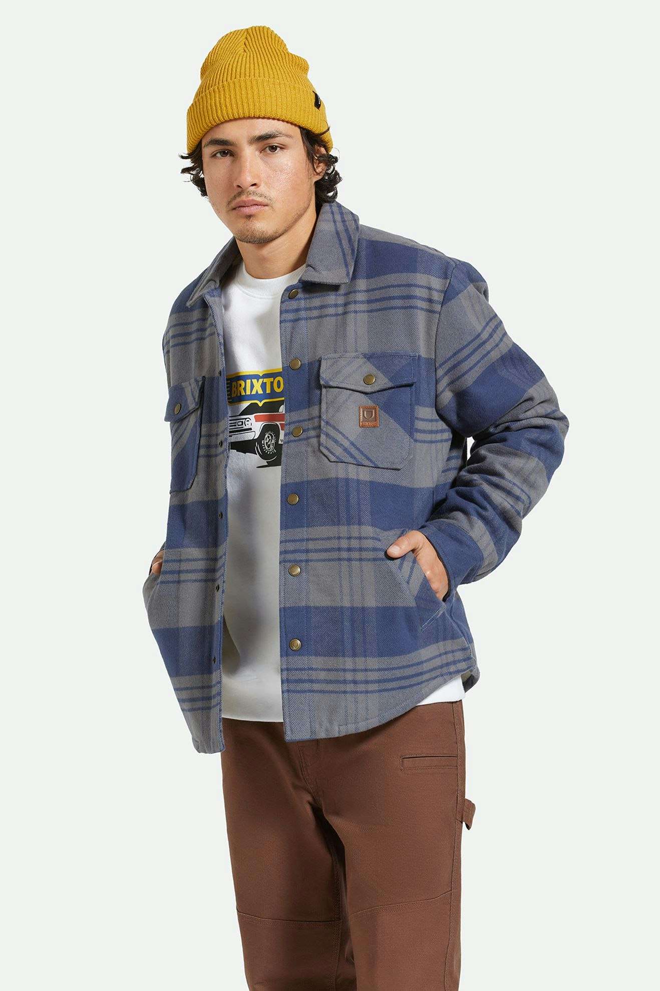 Brixton Durham Sherpa Lined Jacket - Washed Navy/Beige Plaid