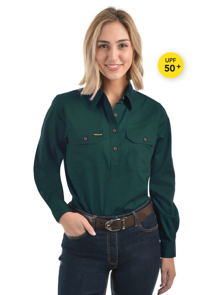 HARDSLOG WOMENS HALF PLACKET LIGHT COTTON SHIRT_Forest