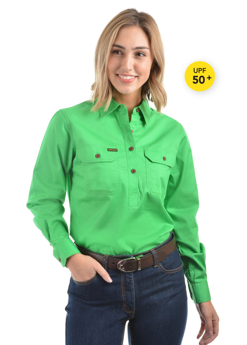 HARDSLOG WOMENS HALF PLACKET LIGHT COTTON SHIRT_LimeGreen