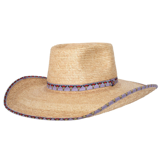 Sunbody Hats Ava Bound Edge Oak Hat (Lavender Skull & Roses)