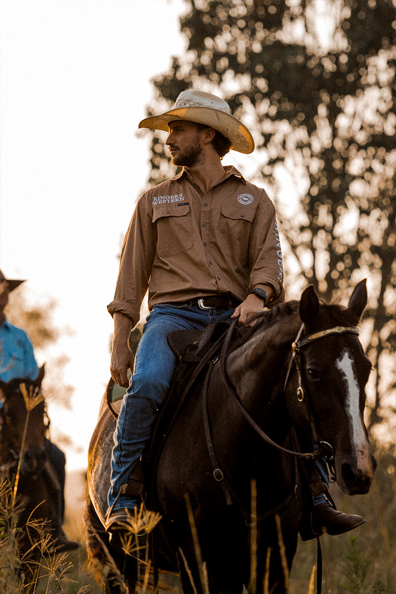 RINGERS WESTERN MENS HAWKEYE FULL BUTTON WORK SHIRT - CLAY/WHITE