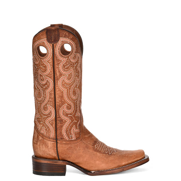 CORRAL BOOT LADIES COGNAC CUTOUT & EMBROIDERYSQAURE TOE