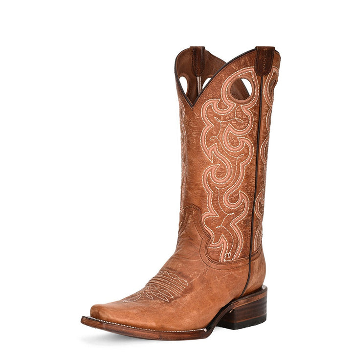 CORRAL BOOT LADIES COGNAC CUTOUT & EMBROIDERYSQAURE TOE