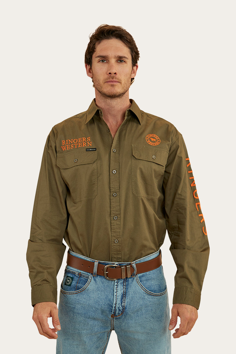 RINGERS WESTERN MENS HAWKEYE FULL BUTTON WORK SHIRT - MILITARY GREEN/ORANGE