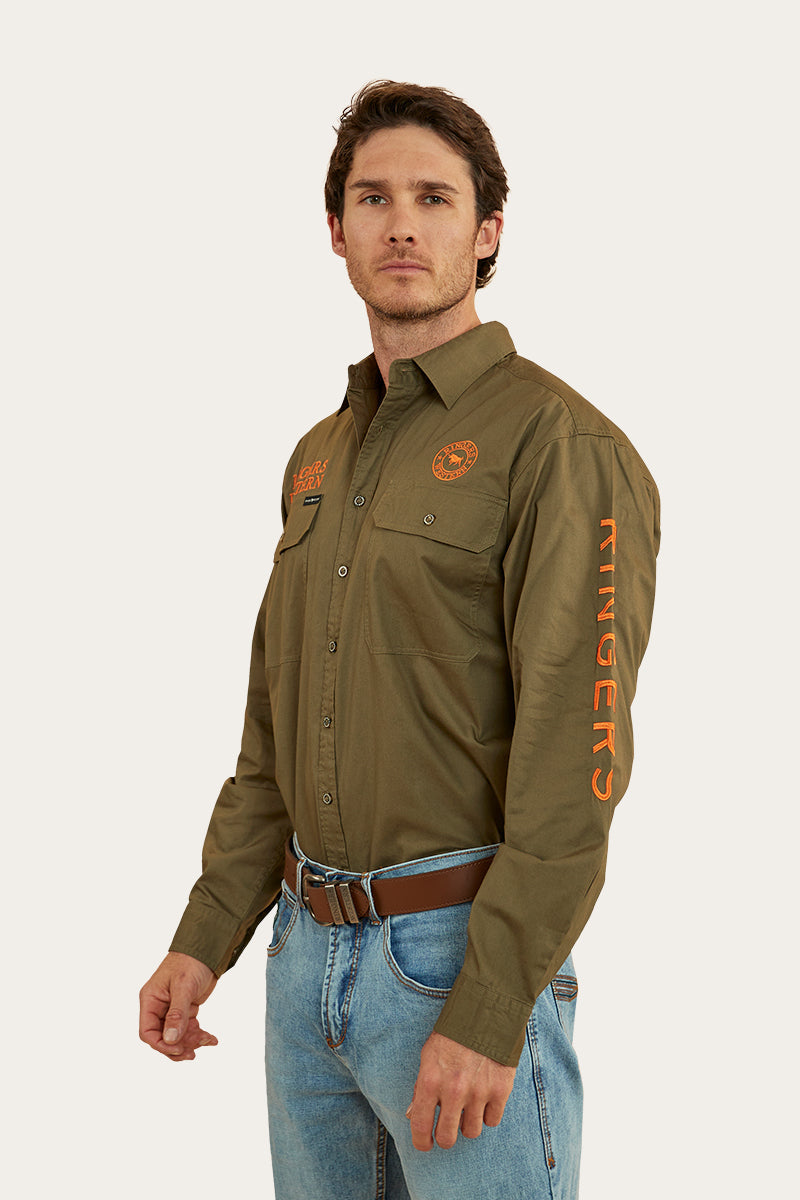 RINGERS WESTERN MENS HAWKEYE FULL BUTTON WORK SHIRT - MILITARY GREEN/ORANGE