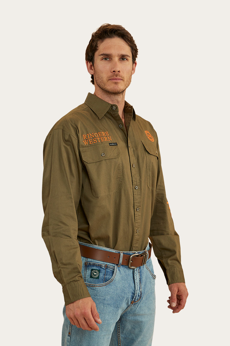 RINGERS WESTERN MENS HAWKEYE FULL BUTTON WORK SHIRT - MILITARY GREEN/ORANGE