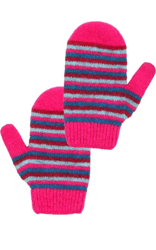 Native World Possum Merino Children's Striped Mittens_Peony