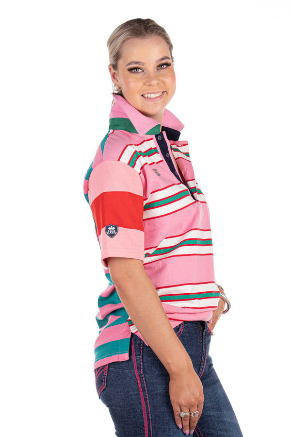 HITCHLEY & HARROW RUGBY COLLECTION RC01-6 CANDY PINK/GREEN/RED RUGBY FIT POLO