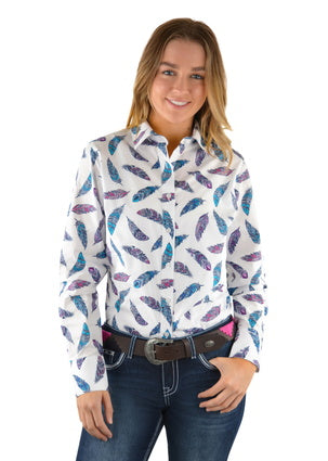 Pure Western Women's Nora Print L/S Shirt (White)