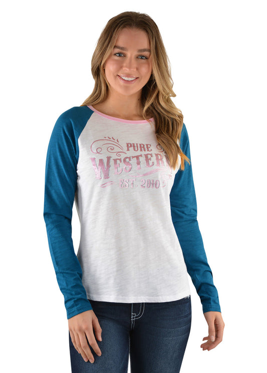 PURE WESTERN WOMENS JAC L/S RAGLAN TEE (WHITE/MULTI)