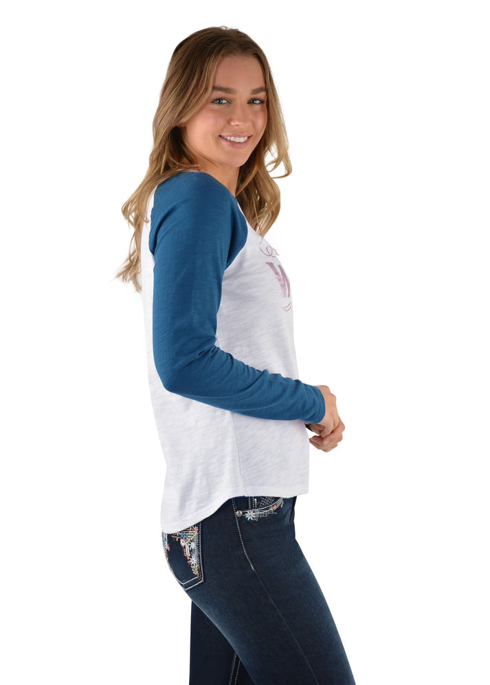 PURE WESTERN WOMENS JAC L/S RAGLAN TEE (WHITE/MULTI)